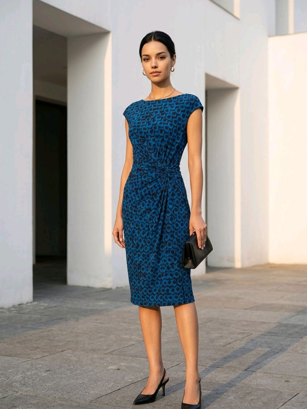 Lauren Ralph Lauren Blue Patterned Knot-Front Midi Dress
